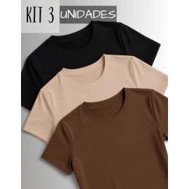 Kit 3 Camisetas Manga Curta Blusas Femininas Baby Look Comfy Preto+marrom+nude