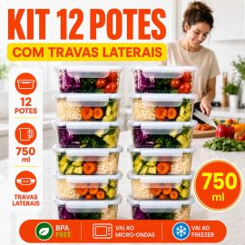 Kit com 12 Potes Marmita 750ml Reutilizável Freezer Microondas