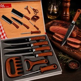 Conjunto de Facas Churrasco Aço Inox Cozinha 8 Peças Premium Marrom