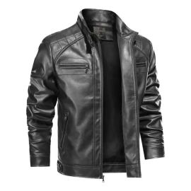 Jaqueta de Couro Masculina Slim Forrada Sem Capuz