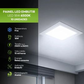 Kit 10 Painel led Plafon Embutir 18w 6500k Branco Frio 12cm 110v/220v Easy By Avant - [PIX]