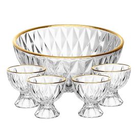 Conjunto 1 Bowl 1L e 4 Taças 120ml Diamond Lyor Cristal com Fio de Ouro para Sobremesas Doces Frutas Mousse Pavê 5 Peças