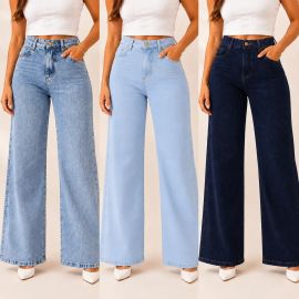 Kit 3 Calças Jeans Pantalona Wide Leg Feminina Cintura Alta