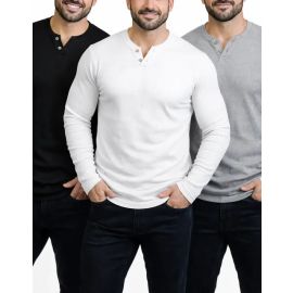 Kit 3 Camiseta Henley Masculina Slim 2 Botões Manga Longa - [PIX]