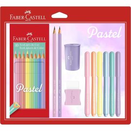 Kit Tons Pastel, Faber-Castell, KIT/PASTEL, Lápis de Cor + Canetinhas + Borracha + Apontador + Grafite