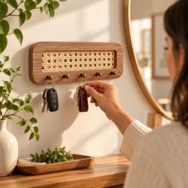 Porta Chaves Retangular Estilo Boho MDF com Palha Indiana NATURAL Hall Entrada