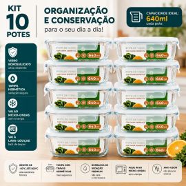 Kit 10 Potes Herméticos de Vidro 640ml Haushop Tampa Vedação Firme para Geladeira e Despensa Organização da Cozinha