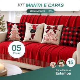 Kit Manta Decorativa P + 4 Capas de Almofadas Natalinas Estampa Digital Decoração Natal