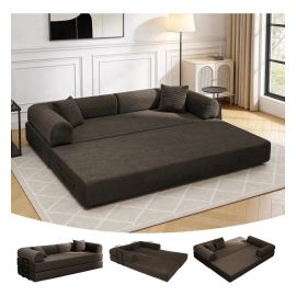 Sofá-Cama Modular para 3 Pessoas Veludo Cotelê e Cama Auxiliar Marrom