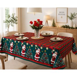 Toalha de Mesa Natalina 4 Lugares Oxford Natal Estampada Papai Noel Vermelho Verde