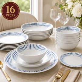 Aparelho Jogo Kit de Jantar 16 Peças Opalino Branco Pratos e Bowl Mesa Moderno Borda Riscada Resistente Sólar