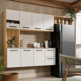 Armário de Cozinha Completa Aéreo 7 Portas e 2 Gavetas Planejada Branco Off White Ripado Juliana