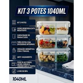 Kit 3 Potes de Vidro 1040ml com Divisória e Tampa Hermética Borossilicato Pítia