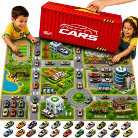 Maleta 48 Carrinhos Metal/Plástico + Tapete Pista Brinquedo