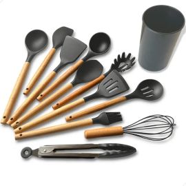 Kit com 12 Utensílios de Cozinha Silicone Cabo de Madeira (4 Cores)