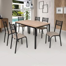 Conjunto Jade Flex 1,36m Tampo Laminado com 6 Cadeiras Marrom/Preto Fosco/Bege/Carvalho Preto/Bege/Carvalho - [PIX]