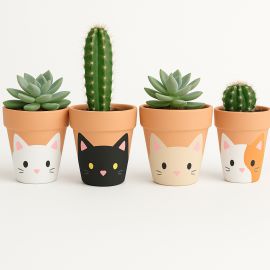 Kit 4 Vasos de Cerâmica Gatinho de Suculentas e Cactos – Decorativos, Feitos à Mão, Estilo Fofo para Jardim, Varanda