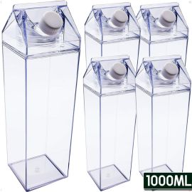Kit 5 Garrafas 1L Ou 500ml Transparente Plástico Acrílico Em Formato Caixa de Leite Sem BPA