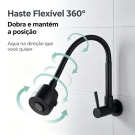 Torneira Inox Prata/Preto com Chuveiro com Rotação de 360° Cozinha Luxo Parede Promoção