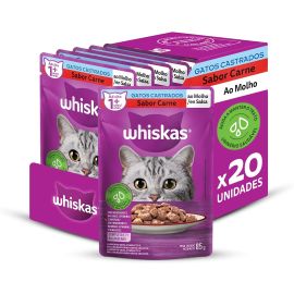Pack Ração Úmida Whiskas Sachê Carne ao Molho para Gatos Adultos Castrados 85 g - 20 unidades - [RECORRÊNCIA]
