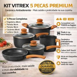 Jogo de Panelas Cerâmico Triplo Indução Vitrex Ecoglid 5 Peças Cor Preto Granito - [PIX]