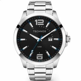 Relógio Technos Masculino 2115gu/1a 45 Milímetros Aço Inoxidável com Fundo Preto e Azul Prova D ́agua 50m Prata Preta com Azul