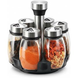 Kit com 6 Potes de Vidro, Jogo de Frascos para Temperos com Tampa Inox e Suporte Giratório – Organização e Praticidade na Cozinha Premium - [PIX]