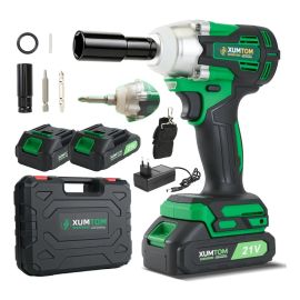 Chave de Impacto Bateria 21v 450nm SH450 XUMTOM 1/2 pol Parafusadeira Recarregável Sem Escova com 2 Baterias e Maleta