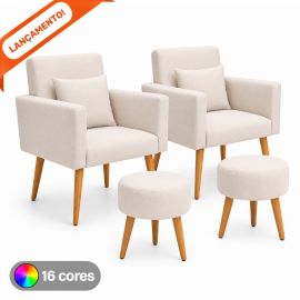 Conjunto 02 Poltronas Decorativas para Sala Nina com Almofadas e 02 Puff Redondo Suede Aninha Decor - [PIX]