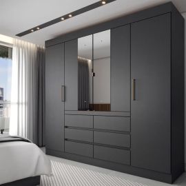 Guarda-roupa Casal Honey 4 Portas 6 Gavetas com Espelho Preto/Amêndola