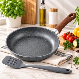Frigideira Grande Cerâmica para Indução Cabo Madeira + Espátula de Silicone - [PIX]