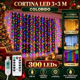 Pisca Cortina 300 Leds 3x3m Usb Ip44 8 Modos Iluminação de Natal Festa