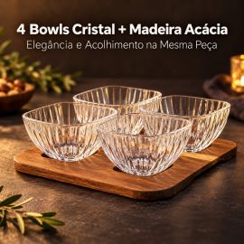 Petisqueira Madeira Acácia 4 Tigelas Bowls Vidro Luxo Servir Premium Mesa Posta Moderno Elegante