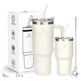 Kit Copo Térmica Inox 1200ml & 600ml com Tampa e Canudo Branco Cor Pura