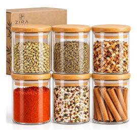 Kit 6 Pote Vidro Porta Temperos Hermético Cozinha Organiza Vidro/tampa de Bambu
