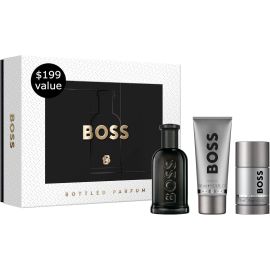 Kit Perfume Masculino Hugo Boss Bottled Parfum, Amadeirado Âmbar, 3 Itens