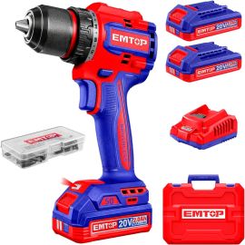 EMTOP Furadeira e Parafusadeira Sem Fio Brushless 20V 50 Nm com 2 Baterias 2.0Ah, Carregador Bivolt e 47 Acessórios